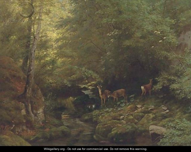 Deer in a river landscape - Albert Girard