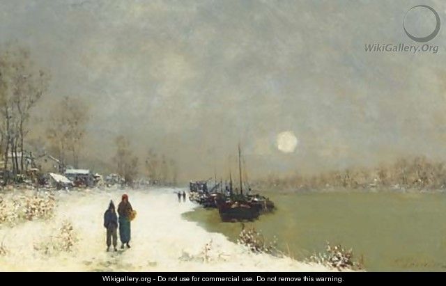 Figures along a riverside in winter - Paul Emmanuel Peraire