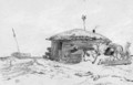 A cottage by a beach, a boat in the distance - Paul Huet