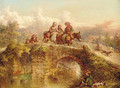 Travellers crossing a bridge with an angler on a river bank - Paul Jones