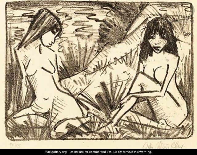 Zwei in Danen sitzende Madchen (Madchen am Ufer) - Otto Mueller