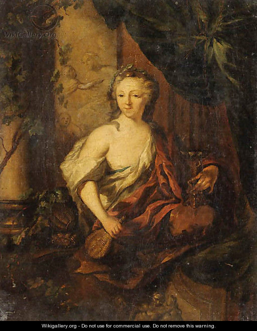 A Woman, en deshabill, holding a Carafe and a Goblet, sitting on a partially draped Balcony - Ottmar, the Younger Elliger