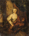 A Woman, en deshabill, holding a Carafe and a Goblet, sitting on a partially draped Balcony - Ottmar, the Younger Elliger