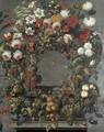 A garland of lilies, rose, tulips and other flowers with bunches of black and white grapes on the vine, cherries, strawberries and other fruit around - Ottmar The Elder Elliger