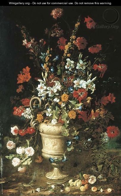 Roses, hollyhocks, lillies, convovulus and other flowers in a classical urn with fruit, a lizard and a snake - Paolo Porpora