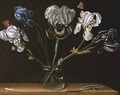 Irises in a glass jar, a lizard and a caterpillar on a tabletop - Paolo Porpora