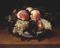 Peaches and grapes in a glass bowl on a stone ledge with a wasp - Panfilo Nuvolone