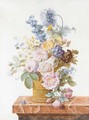 A bouquet of roses, chrysanthemums, auricula, hyacinth, a poppy, harebells and other flowers in a basket on a marble ledge with a butterfly - Pancrace Bessa