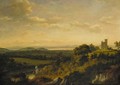 View of Renfrew Castle, with a ship on White Cart Water in the foreground and an extensive view of the River Clyde beyond - Patrick Nasmyth