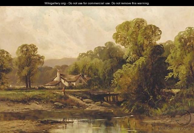 Figures before a cottage in a wooded river landscape - Octavius Thomas Clark