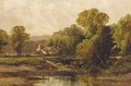Figures before a cottage in a wooded river landscape - Octavius Thomas Clark