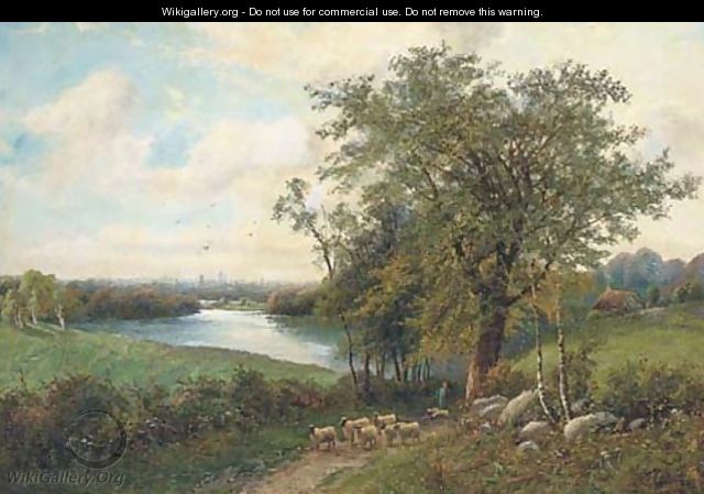 A shepherd with his flock on a riverside track - Octavius Thomas Clark
