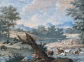 A shepherd sleeping under a tree, his flock grazing around him - North-Italian School