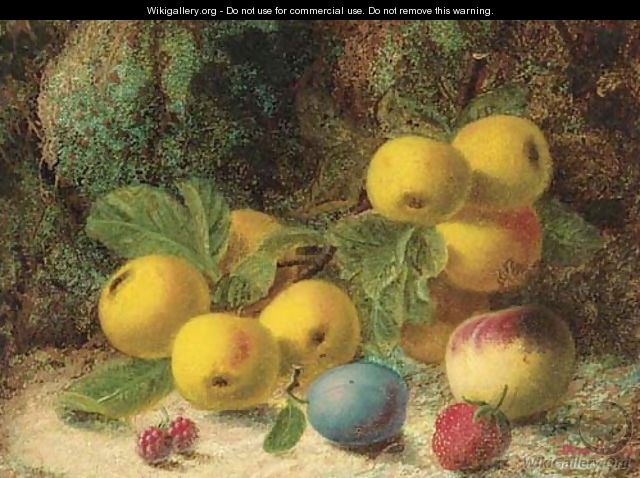 Apples, a peach, a plum and a strawberry, on a mossy bank - Oliver Clare