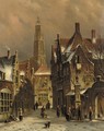 Numerous townsfolk in a city in winter - Oene Romkes De Jongh