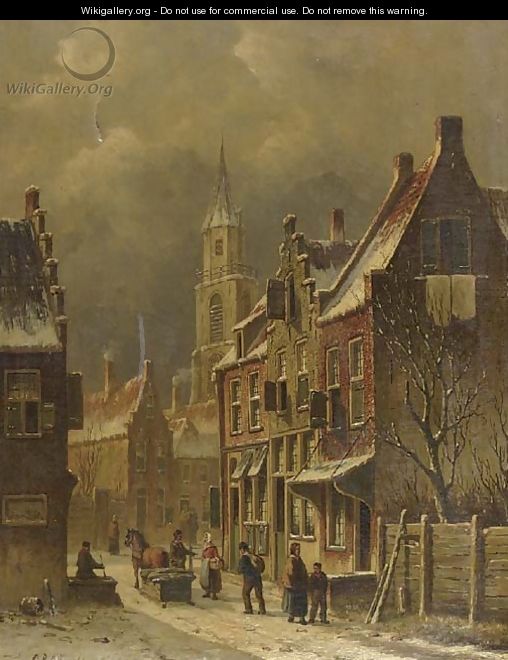 A townview in winter with figures conversing - Oene Romkes De Jongh