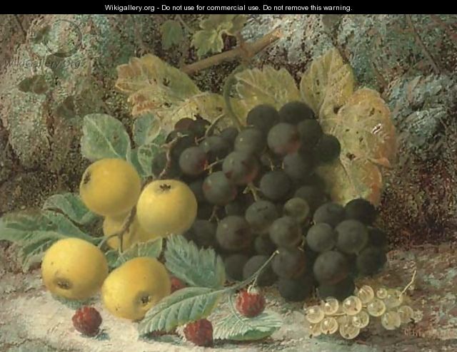 Raspberries, gooseberries, plums and grapes on a mossy bank - Oliver Clare