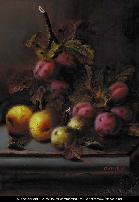 Plums and apples on a ledge - Oliver Clare
