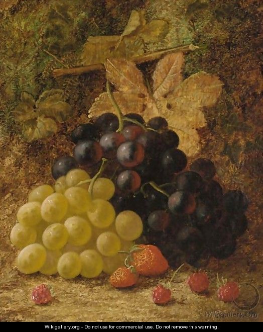Grapes, raspberries, and strawberries, on a mossy bank - Oliver Clare