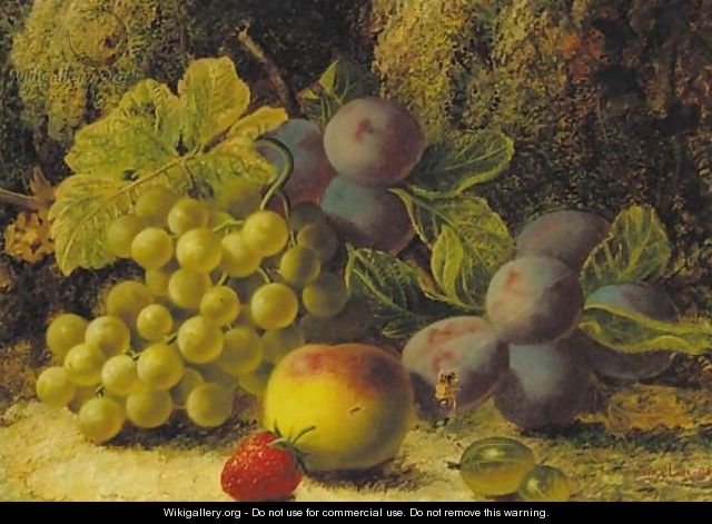 Grapes, plums, gooseberries, a peach, and a strawberry on a mossy bank - Oliver Clare