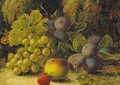 Grapes, plums, gooseberries, a peach, and a strawberry on a mossy bank - Oliver Clare