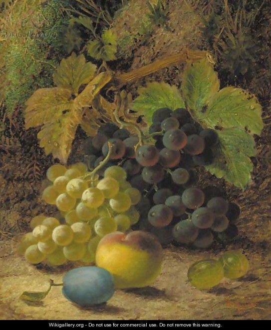 Grapes, gooseberries, a plum and a peach on a mossy bank - Oliver Clare