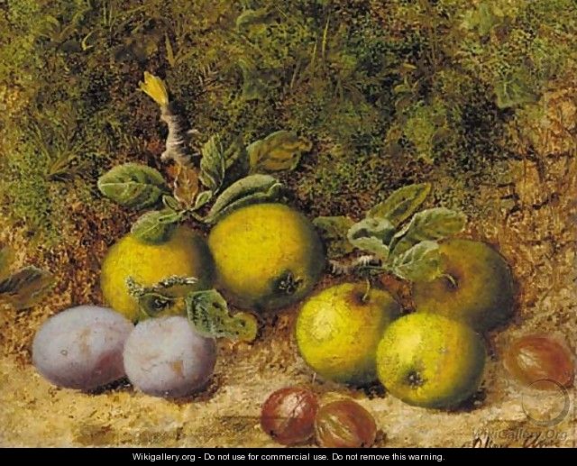 Apples, gooseberries and plums on a mossy bank - Oliver Clare