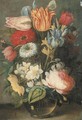 Tulips, roses, lilies, irises and other flowers in a glass vase on a ledge with butterflies - Osias, the Elder Beert