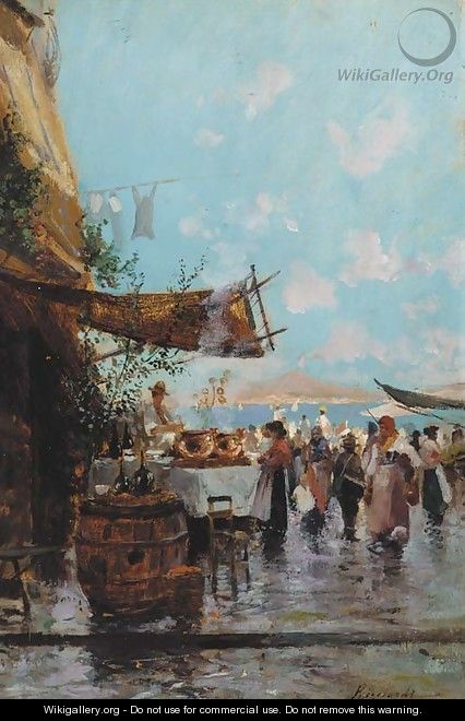 A market by the bay of Naples with mount Vesuvius beyond - Oscar Ricciardi