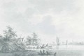 The village of Hael on the River Waal, with boatmen at a landing station - Nicolaes Wicart