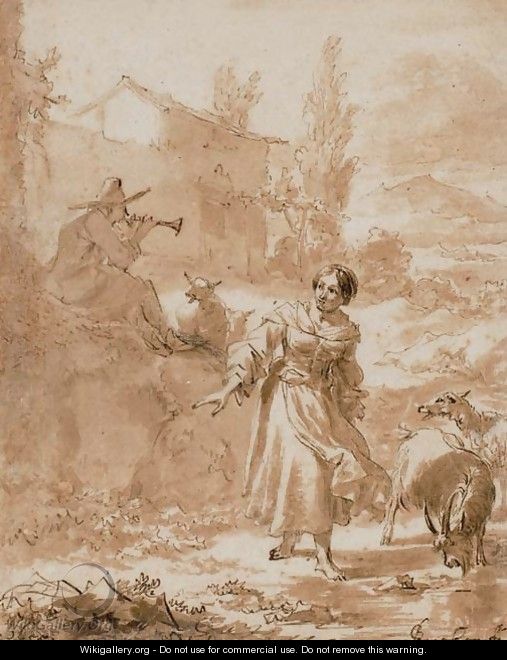 Une bergere avec son troupeau, un homme jouant de la flate sur un rocher - Nicolaes Berchem
