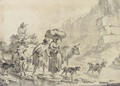 Peasants and animals fording a stream, below town walls - Nicolaes Berchem