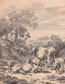 Herdsmen with cattle and sheep in an extensive Italianate landscape - Nicolaes Berchem