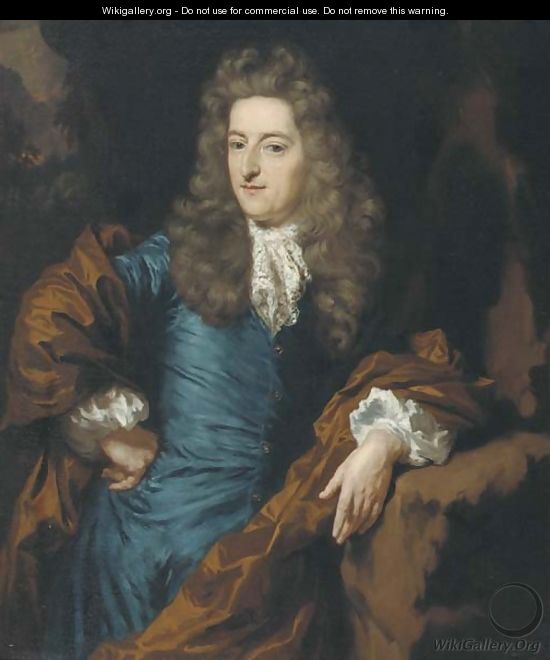 Portrait of a nobleman, three-quarter-length, in a satin blue waistcoat brown mantle and wig, in a landscape - Nicolaes Maes