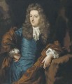 Portrait of a nobleman, three-quarter-length, in a satin blue waistcoat brown mantle and wig, in a landscape - Nicolaes Maes