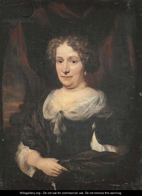 Portrait of a lady, half-length, in a black dress with a white collar and black scarf, a pearl necklace and drop earrings, before a red curtain - Nicolaes Maes