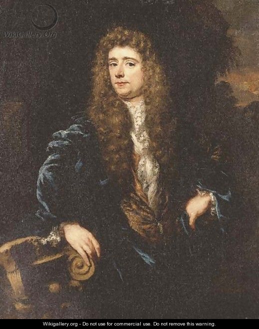 Portrait of a gentleman, half-length, in a blue jacket and a gold-embroidered waistcoat, his right hand resting on a ruined capital - Nicolaes Maes