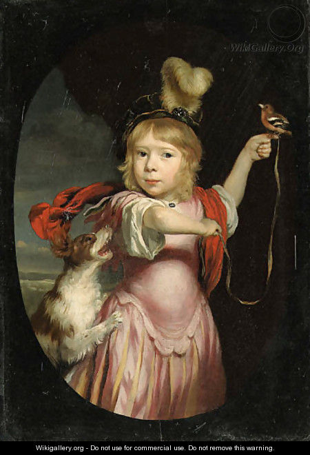 Portrait of a boy as Cupid, three-quarter-length, in classical costume, wearing a feathered hat, holding a bullfinch, a spaniel beside him - Nicolaes Maes