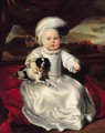 Portrait of a baby boy, seated on a cushion by a draped curtain, wearing a white satin dress and feathered hat, a pet dog on his lap - Nicolaes Maes