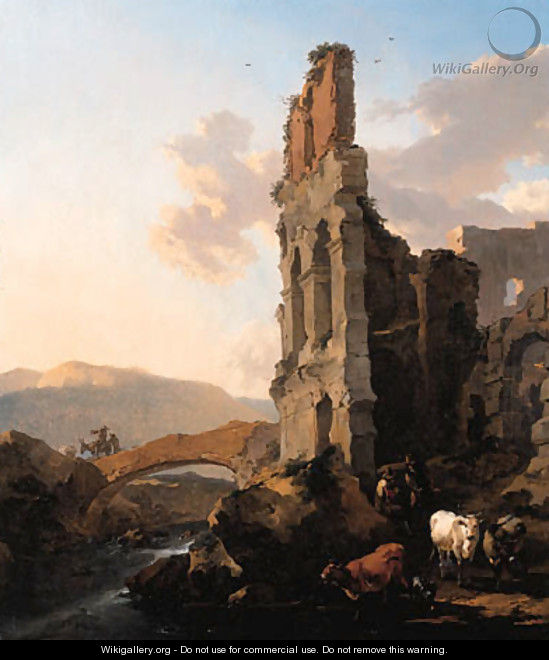An Italianate river landscape with herdsmen by the ruins of an amphitheatre, and peasants crossing a bridge - Nicolaes Berchem