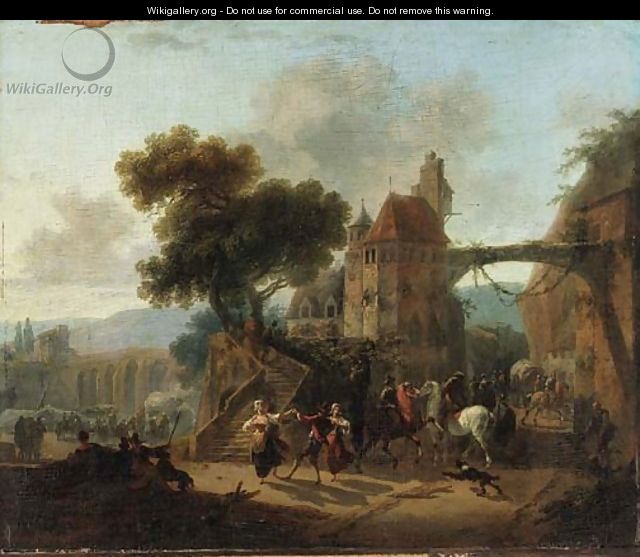 Villagers dancing by a gatehouse, an aqueduct beyond - Nicolas Antoine Taunay
