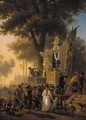 A park in Paris with a crowd watching a performance of the Commedia dell'arte, a view of the Conciergerie beyond - Nicolas Antoine Taunay