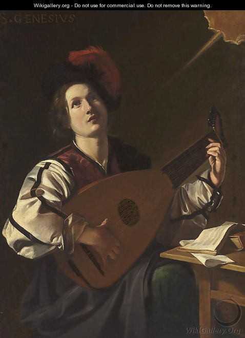 A musician, identified as Saint Genesius, playing a lute - Nicolas Tournier