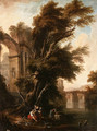 A Classical Landscape with Washerwomen beside Ruins on a Riverbank, a Bridge beyond - Nicolas Lavreince