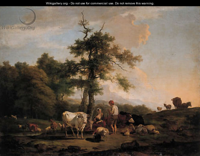 A cowherd and a shepherdess on a riverbank, in a Italianate landscape - Nicolas Henri Joseph De Fassin