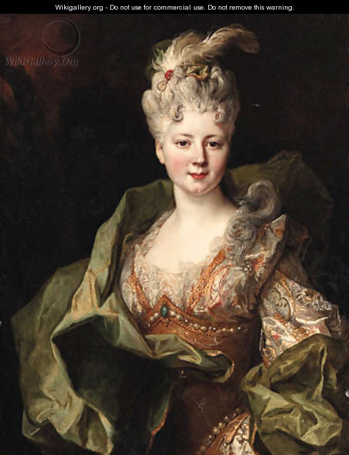 Portrait of Mlle. Jeanne de Gagne Perrigny, half-length, in an embroidered orange and white dress and green wrap - Nicolas de Largilliere