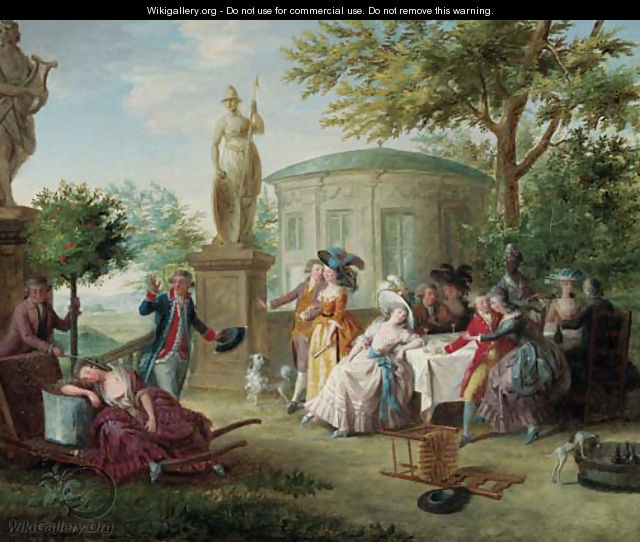 Elegant company dining in an ornamental garden, a rotunda and a landscape beyond - Niclas II Lafrensen