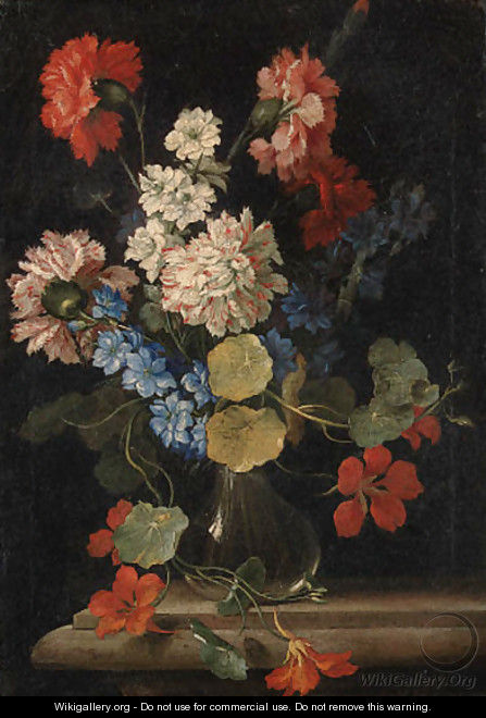 Carnations, nasturtiums and other flowers in a vase on a stone ledge - Nicolo Stanchi