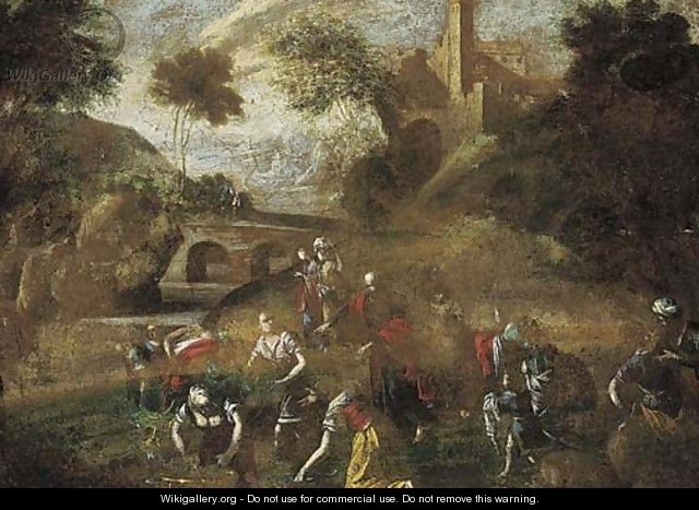 An Italianate river landscape with laundresses in the foreground - North-Italian School