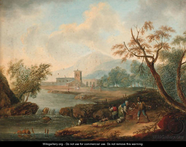 An extensive river landscape with anglers on a bank - Norbert Joseph Carl Grund